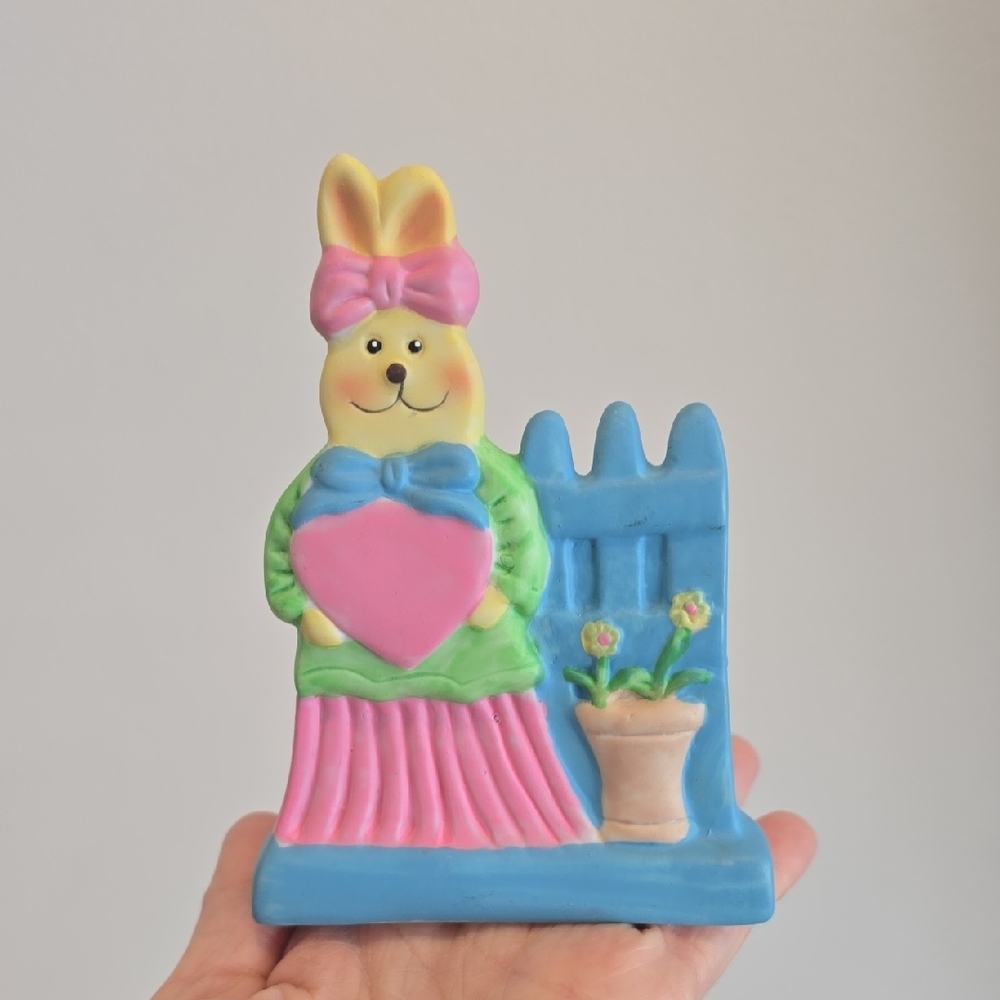 Vintage Cottagecore Cute Pastel Bunny Figurine Holding Heart Candle Holder-